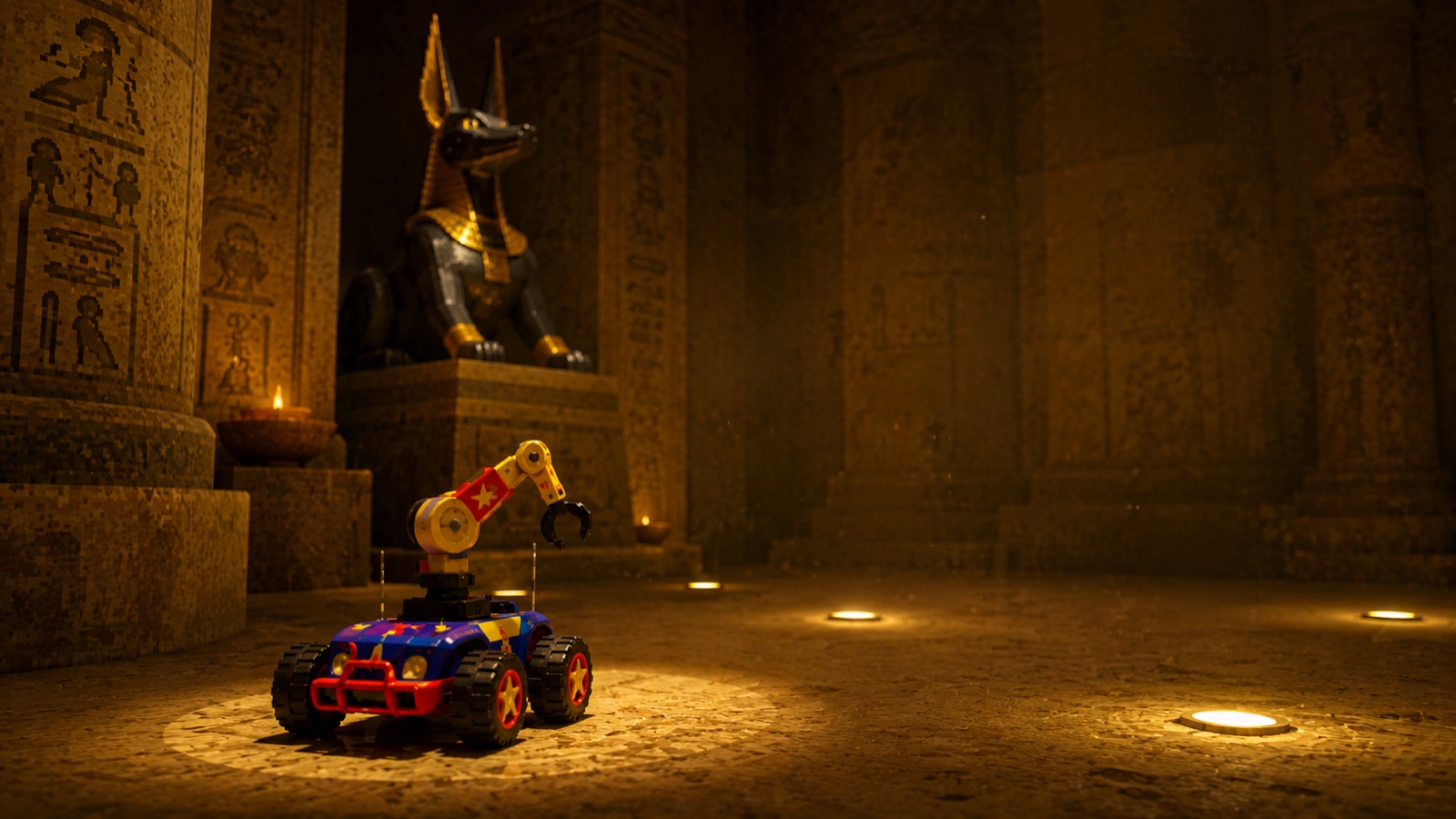 Robot-arm RC car in a moody Egyptian museum hall