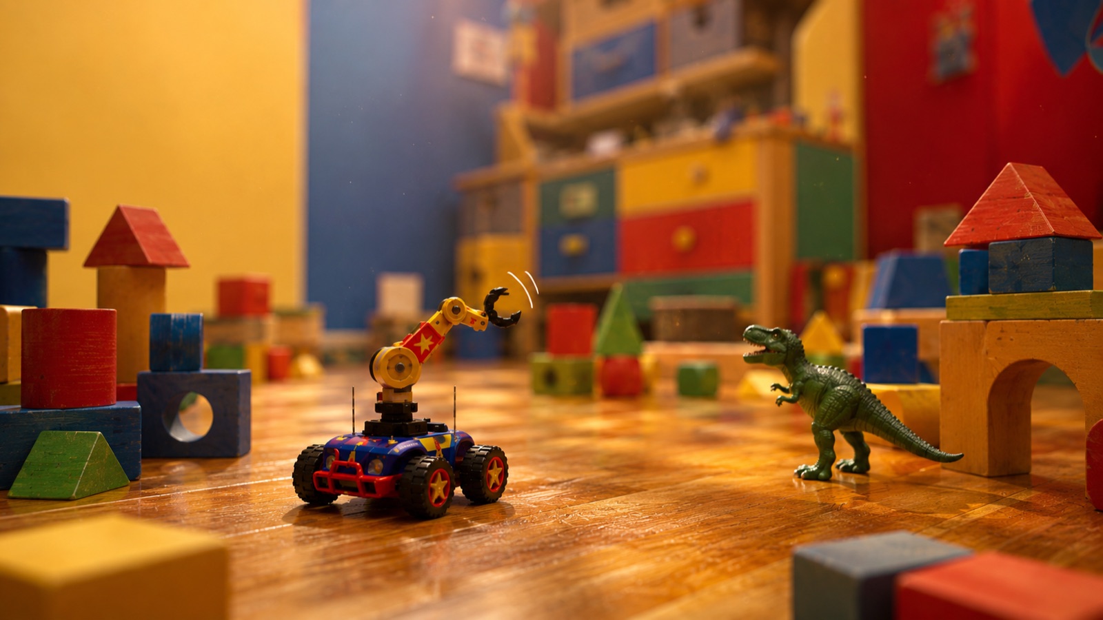 Robot-arm RC car among wooden toy blocks and a toy dinosaur