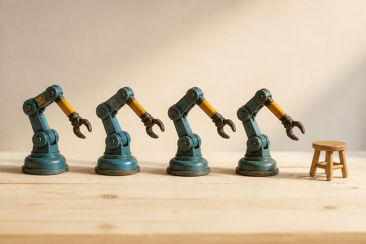 Four toy robot arms working along a line, with one empty stool at the end of it
