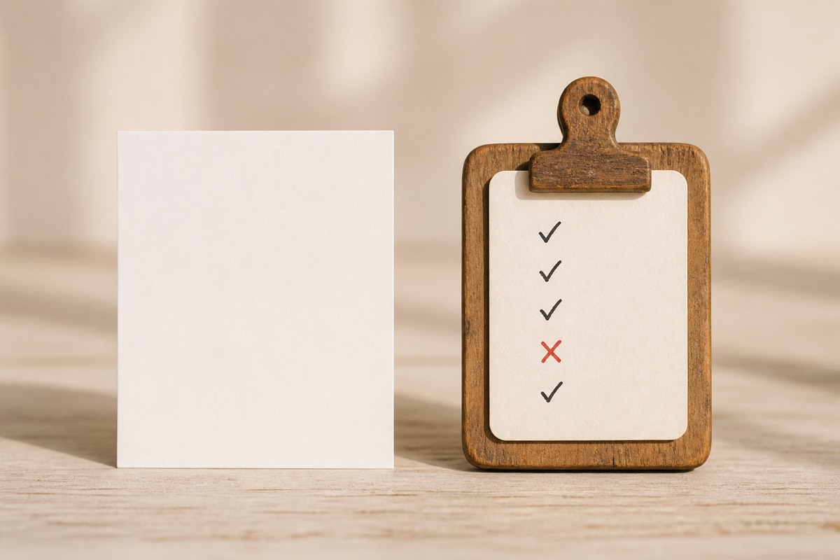 A blank card beside a clipboard holding a card marked with tick marks and one red cross